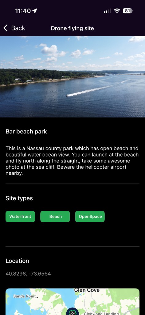 Bar Beach Park flying site with aerial photo and site types