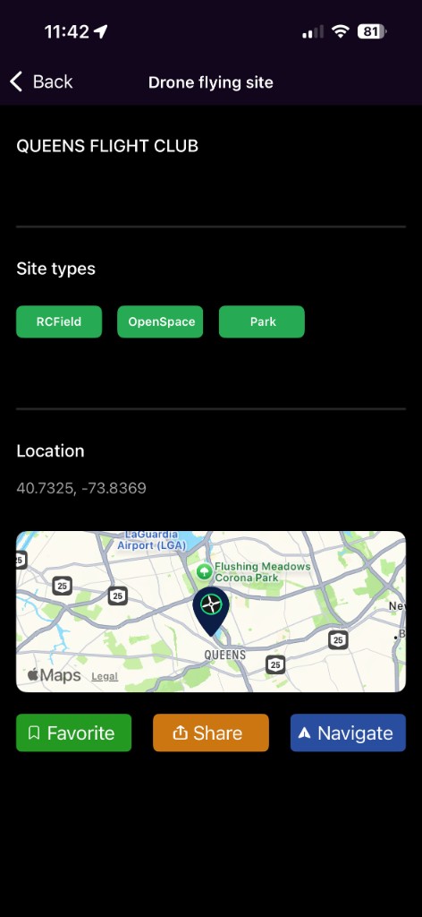 Queens Flight Club site types, map pin, and favorite share navigate actions