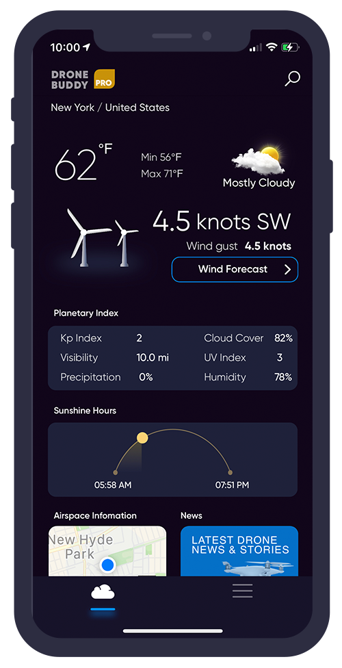 Drone Buddy home screen with weather, wind, and airspace