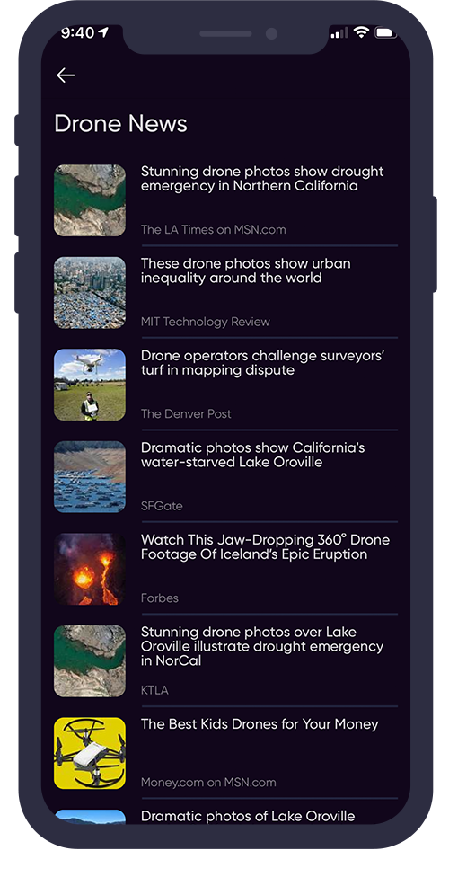 Drone news feed inside the Drone Buddy app