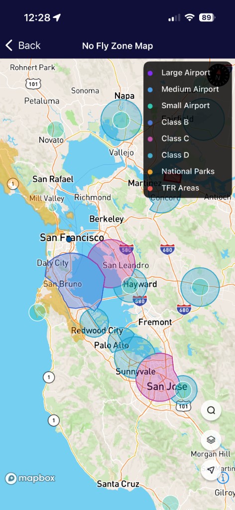 No-fly zone map over the San Francisco Bay Area with airport, Class B, C, D, park, and TFR overlays