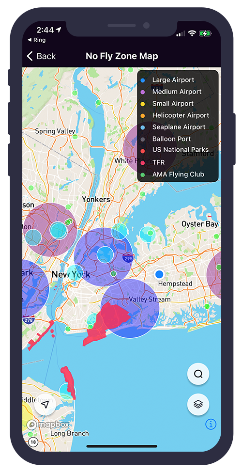 No-fly zone map over New York with color-coded airspace overlays